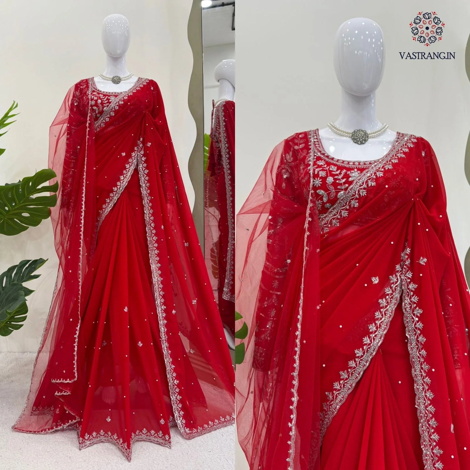 New Wedding Wear Glorious Red Color Faux Georgette Sequence n Pearl Work Fancy Designer Saree Blouse With Stunner Dupatta