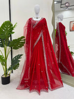 image, New Wedding Wear Glorious Red Color Faux Georgette Sequence n Pearl Work Fancy Designer Saree Blouse With Stunner Dupatta
