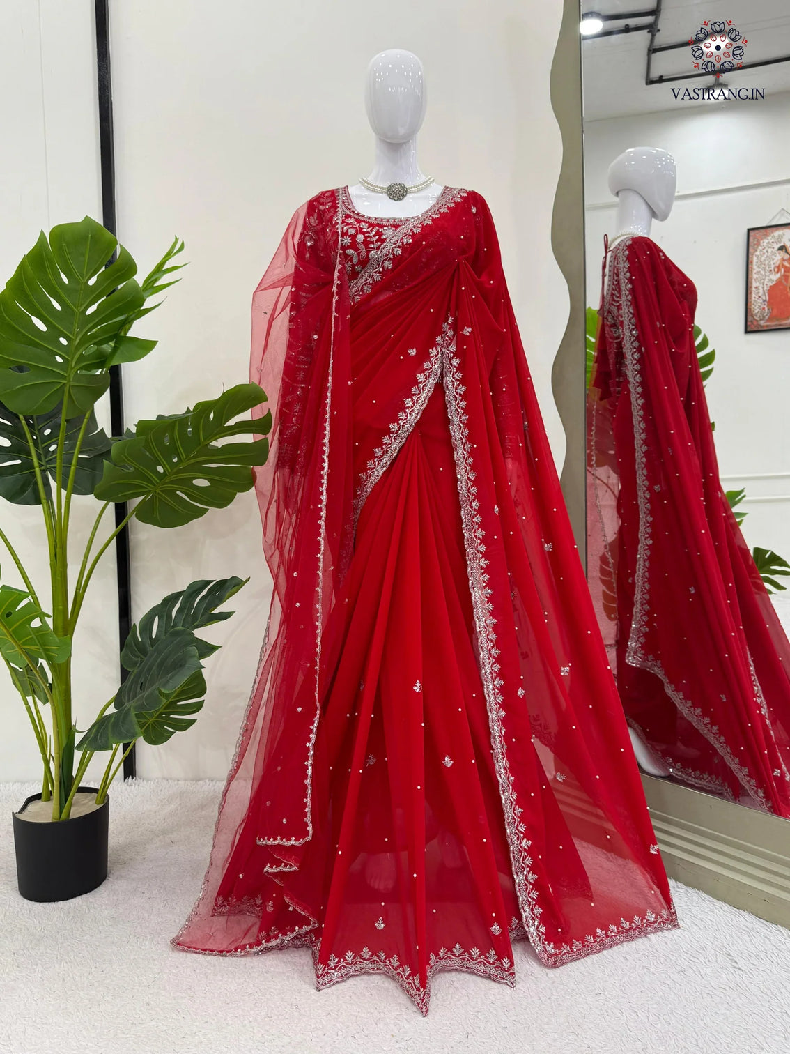 New Wedding Wear Glorious Red Color Faux Georgette Sequence n Pearl Work Fancy Designer Saree Blouse With Stunner Dupatta