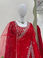 image, New Wedding Wear Glorious Red Color Faux Georgette Sequence n Pearl Work Fancy Designer Saree Blouse With Stunner Dupatta
