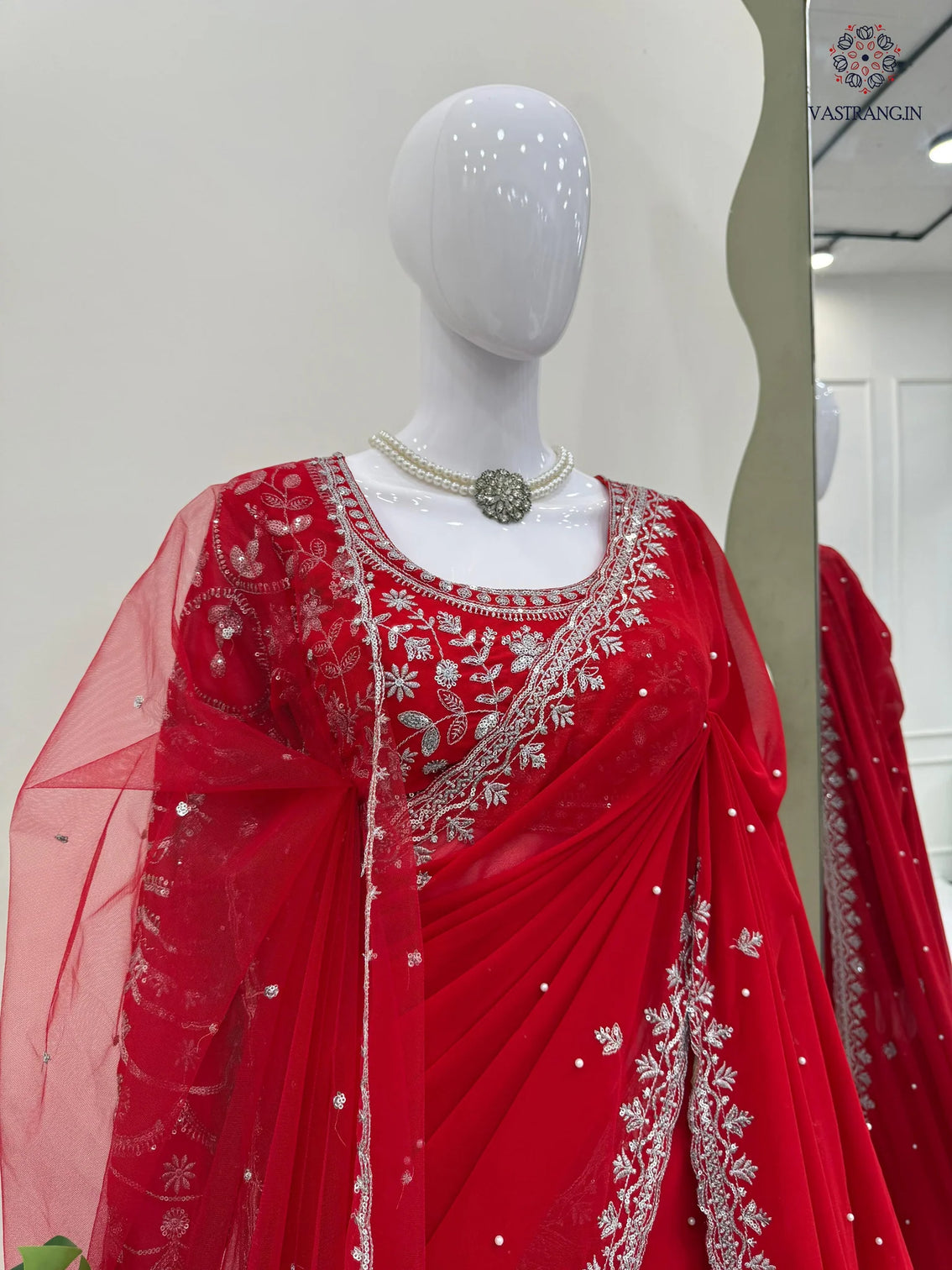 New Wedding Wear Glorious Red Color Faux Georgette Sequence n Pearl Work Fancy Designer Saree Blouse With Stunner Dupatta