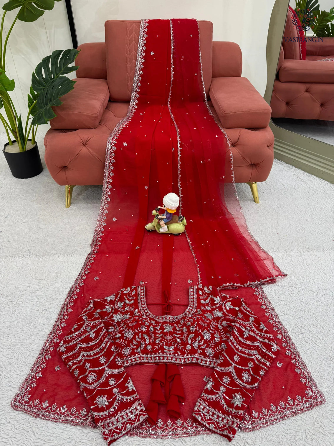 New Wedding Wear Glorious Red Color Faux Georgette Sequence n Pearl Work Fancy Designer Saree Blouse With Stunner Dupatta