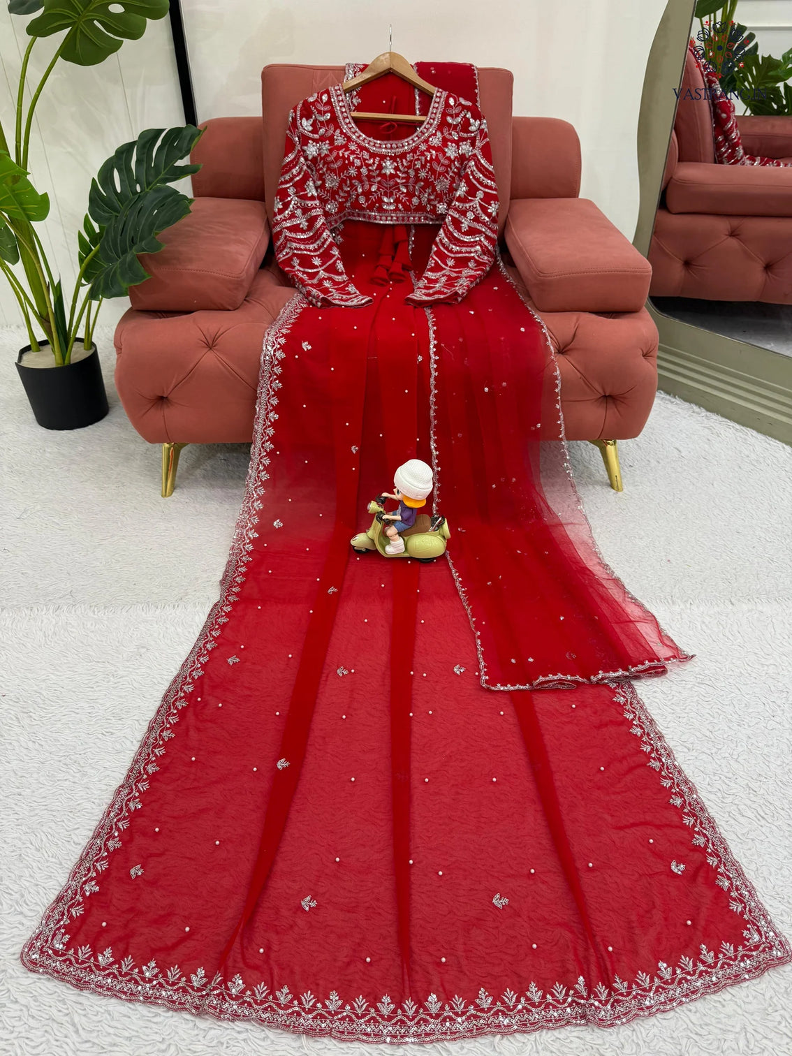 New Wedding Wear Glorious Red Color Faux Georgette Sequence n Pearl Work Fancy Designer Saree Blouse With Stunner Dupatta