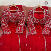 New Wedding Wear Glorious Red Color Faux Georgette Sequence n Pearl Work Fancy Designer Saree Blouse With Stunner Dupatta