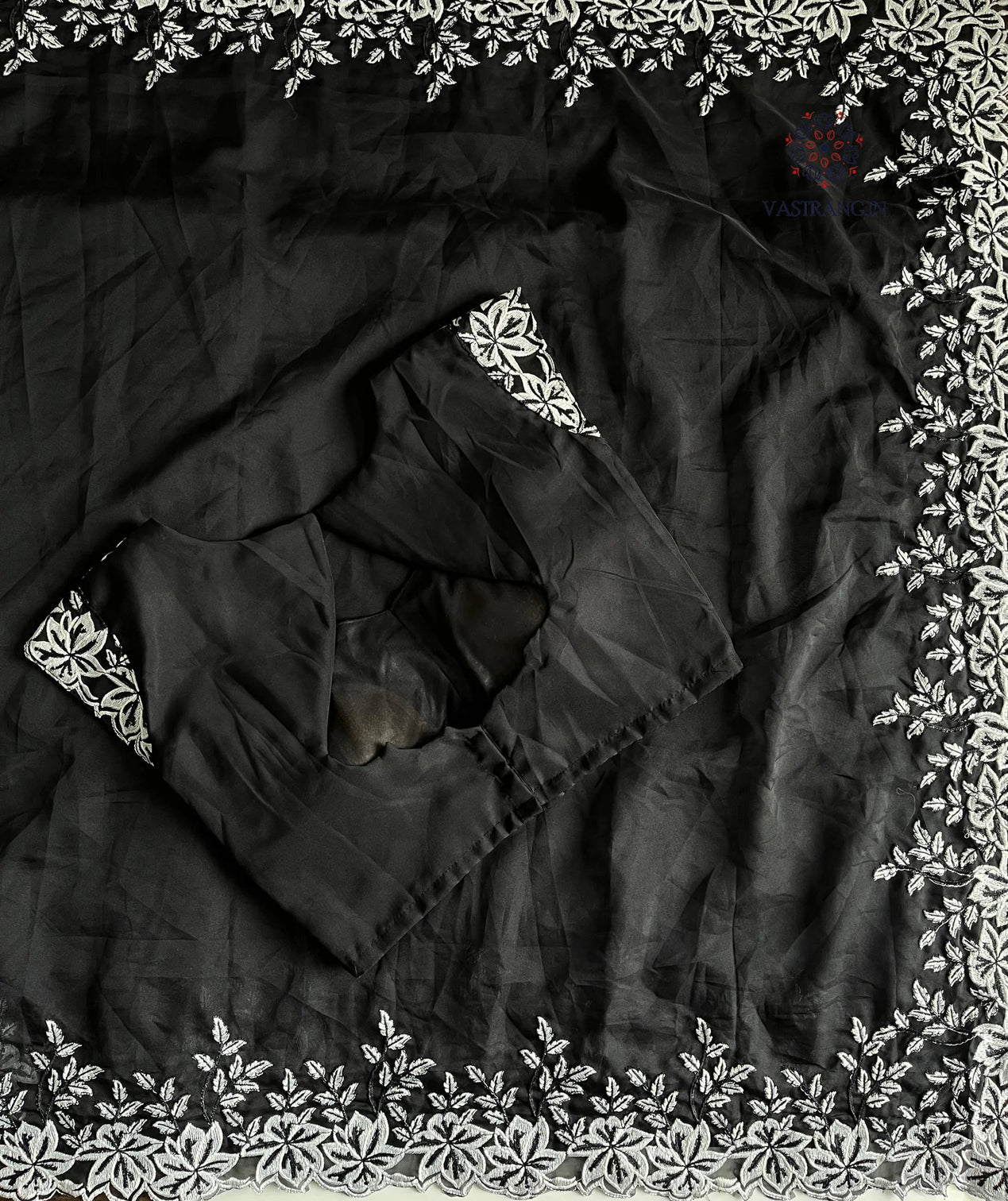 New Desiring Black Color Tabi Silk Embroidery Thread Work Fancy Partywear Saree With Prominent Blouse