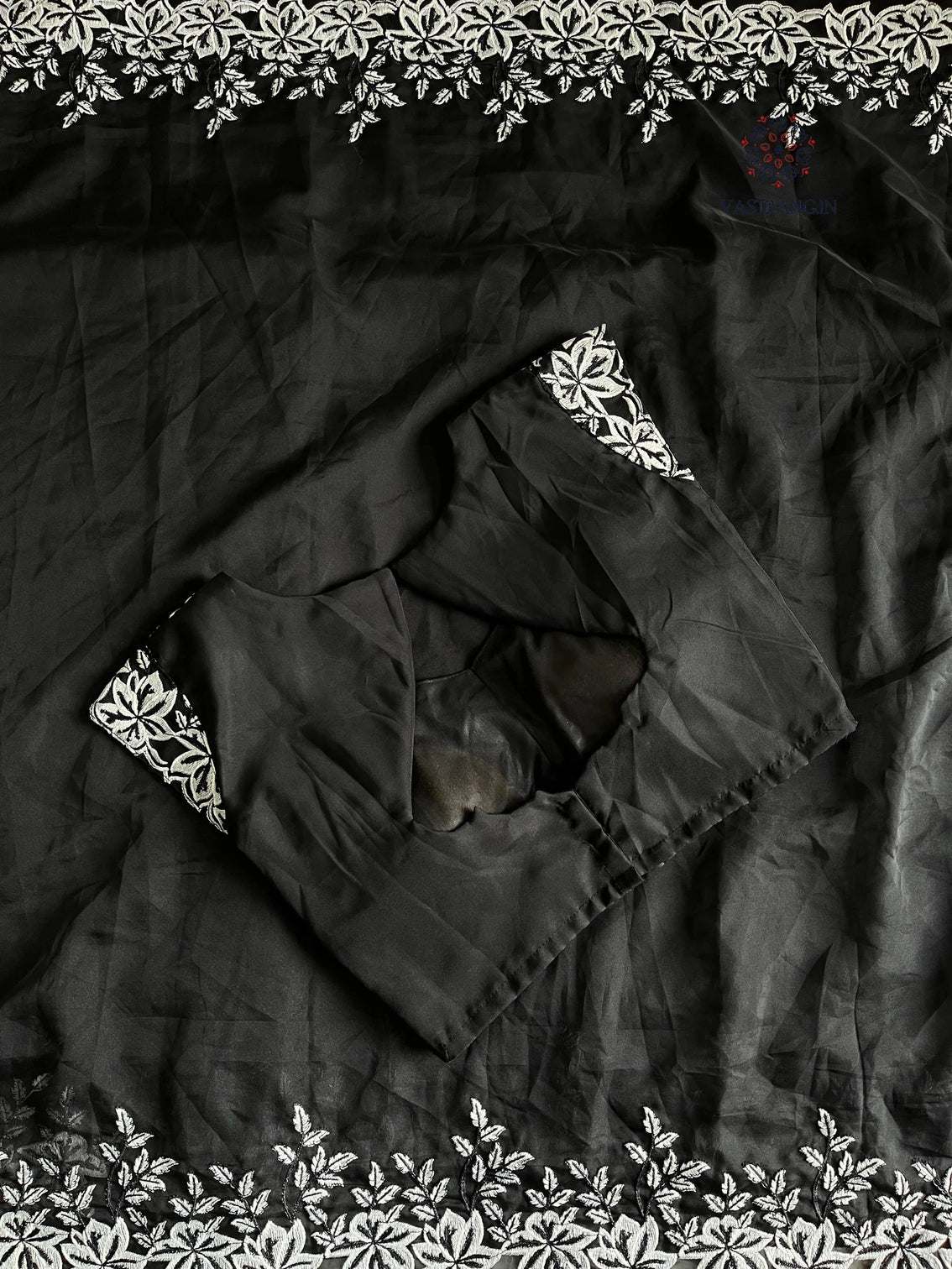 New Desiring Black Color Tabi Silk Embroidery Thread Work Fancy Partywear Saree With Prominent Blouse