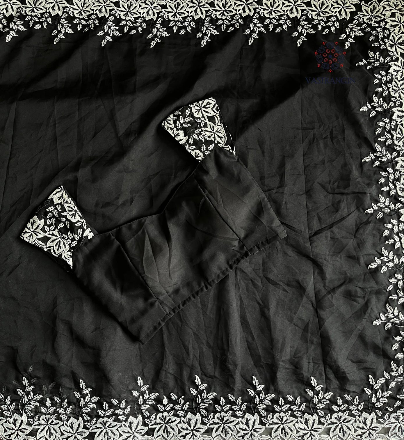New Desiring Black Color Tabi Silk Embroidery Thread Work Fancy Partywear Saree With Prominent Blouse