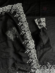 New Desiring Black Color Tabi Silk Embroidery Thread Work Fancy Partywear Saree With Prominent Blouse