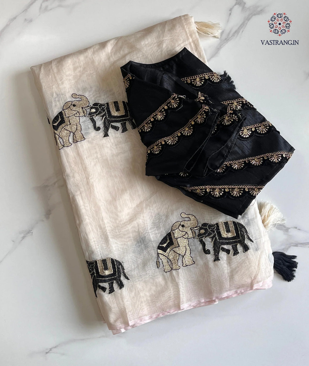 Gorgeous Party Wear Off White Colour Chanderi Cotton Embroidery n Tussels Work Fancy Designer Saree With Stitched Blouse