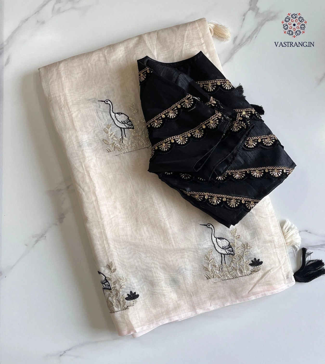 Gorgeous Party Wear Off White Colour Chanderi Cotton Embroidery n Tussels Work Fancy Designer Saree With Stitched Blouse