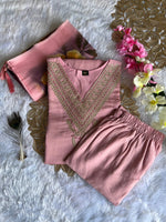 image, New Festive Wear Peach Color Roman Silk Embroidery n Sequence Work Designer Straight Kurta With Trouser n Dupatta Set
