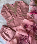 image, New Festive Wear Peach Color Roman Silk Embroidery n Sequence Work Designer Straight Kurta With Trouser n Dupatta Set
