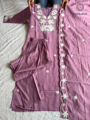 New Function Wear Light Wine Color Roman Silk Embroidery n Sequence Work Designer Straight Kurta With Trouser n Dupatta Set