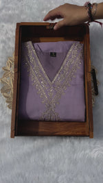 image, New Wedding Wear Lavender Color Roman Silk Embroidery Work Designer Straight Kurta With Trouser n Dupatta Set
