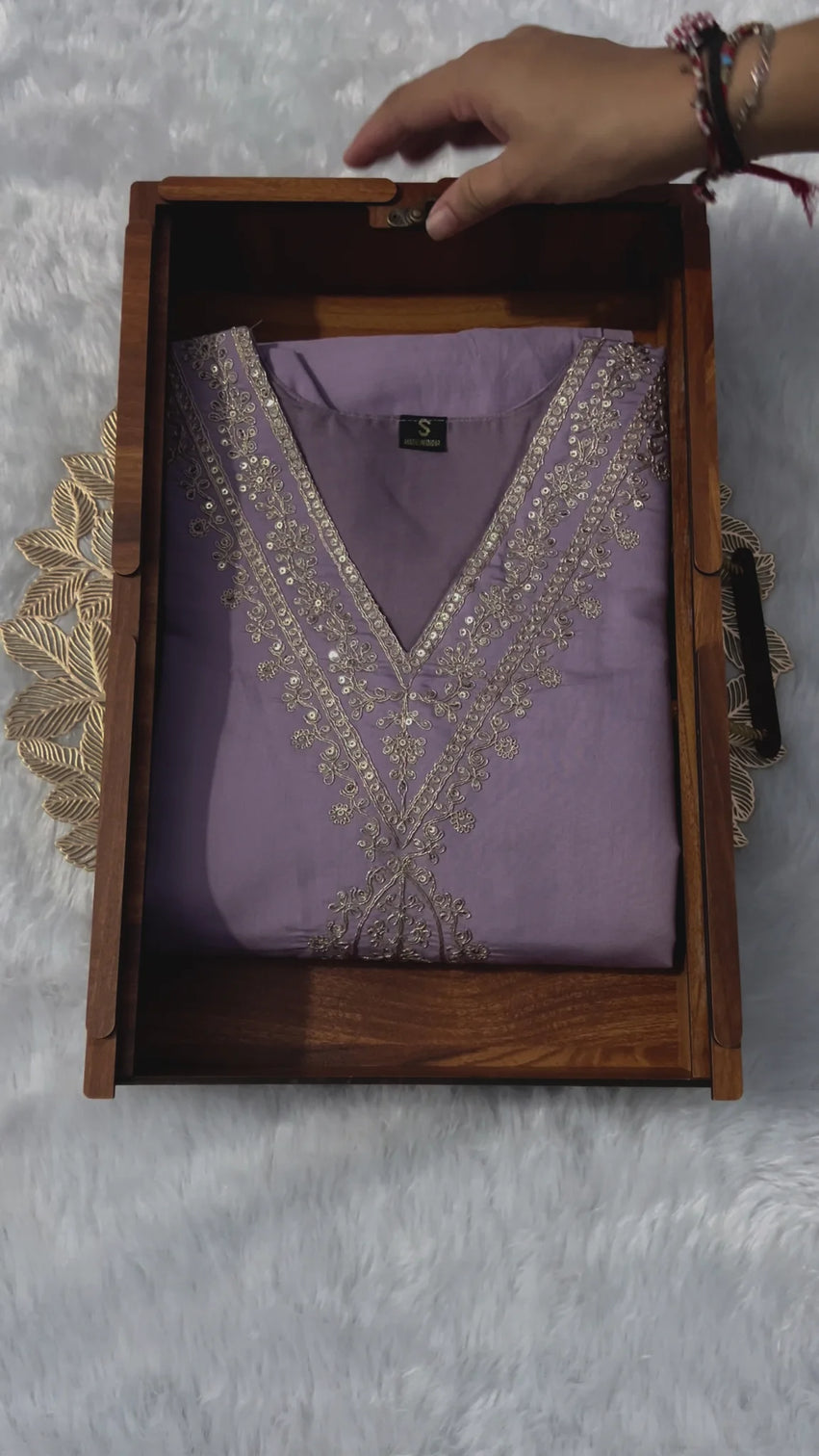 New Wedding Wear Lavender Color Roman Silk Embroidery Work Designer Straight Kurta With Trouser n Dupatta Set